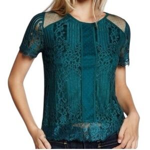 EXPRESS Emerald Green Lace Eyelash Fringe S/S Keyhole Top NWOT Size Small